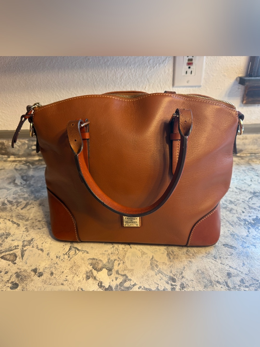 Dooney & Bourke Brown Leather Tote with Gold Plaque